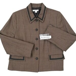 Vintage Pendleton Wool Jacket Womens Petite 14 Leather Trim Houndstooth Academia